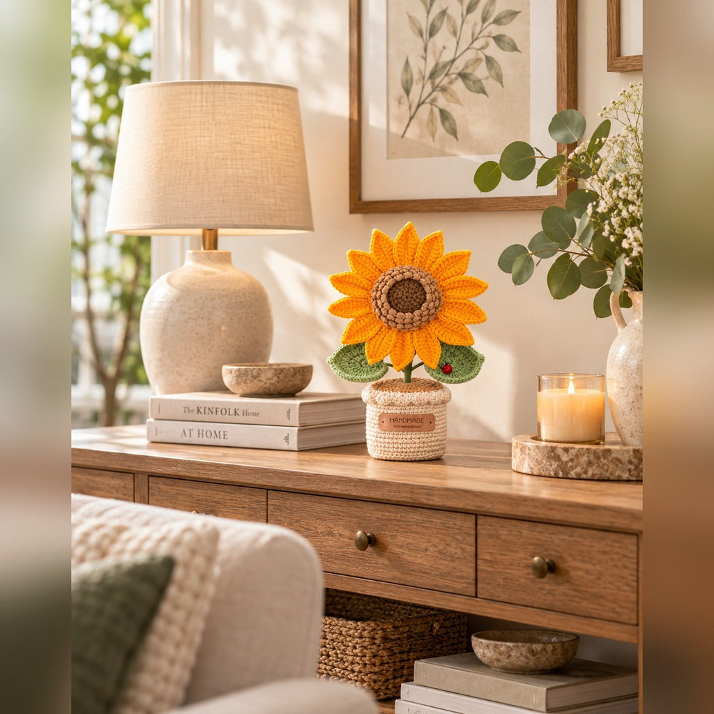 Crochet sunflower on a wooden console table with a lamp