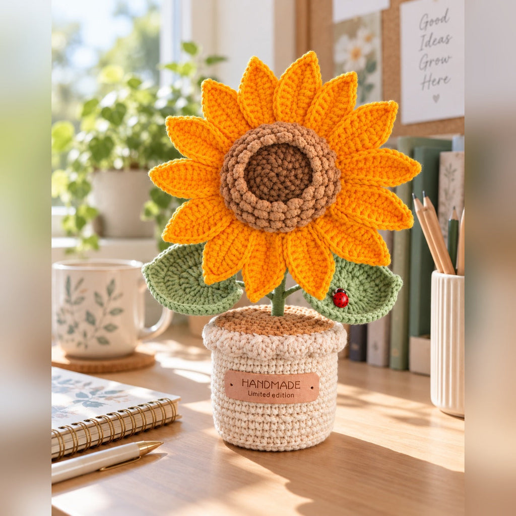 Crochet sunflower on a desk with a mug and notebook