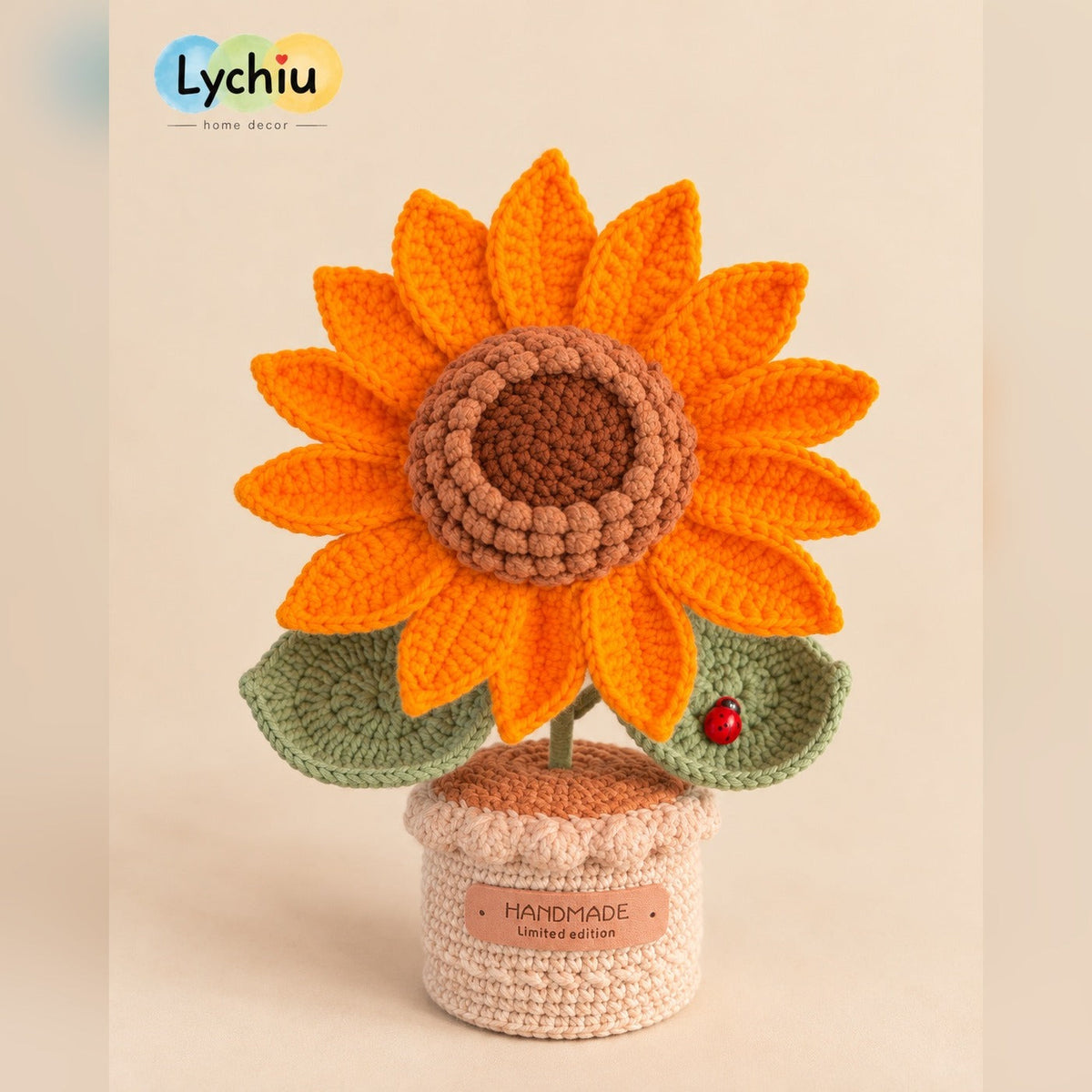 Crochet sunflower in a cream pot, front view