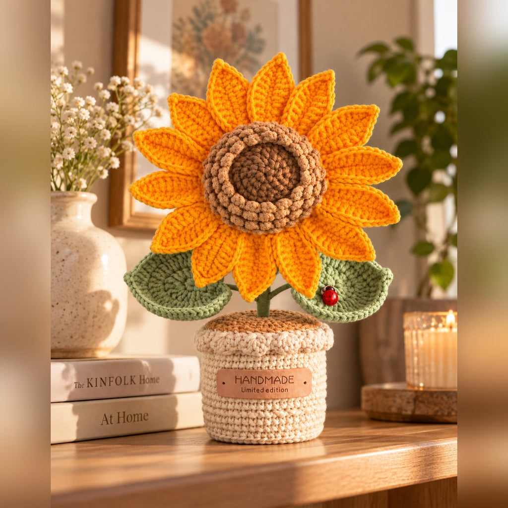 Crochet sunflower on a bookshelf with books and a candle