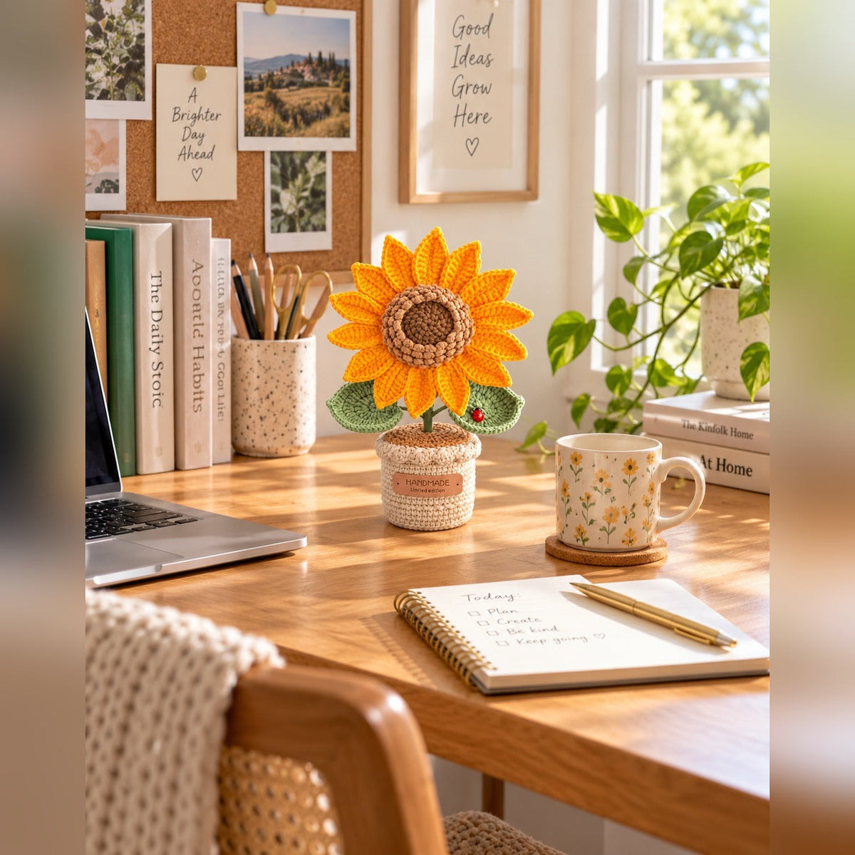 Crochet sunflower on a work desk with a laptop and coffee mug